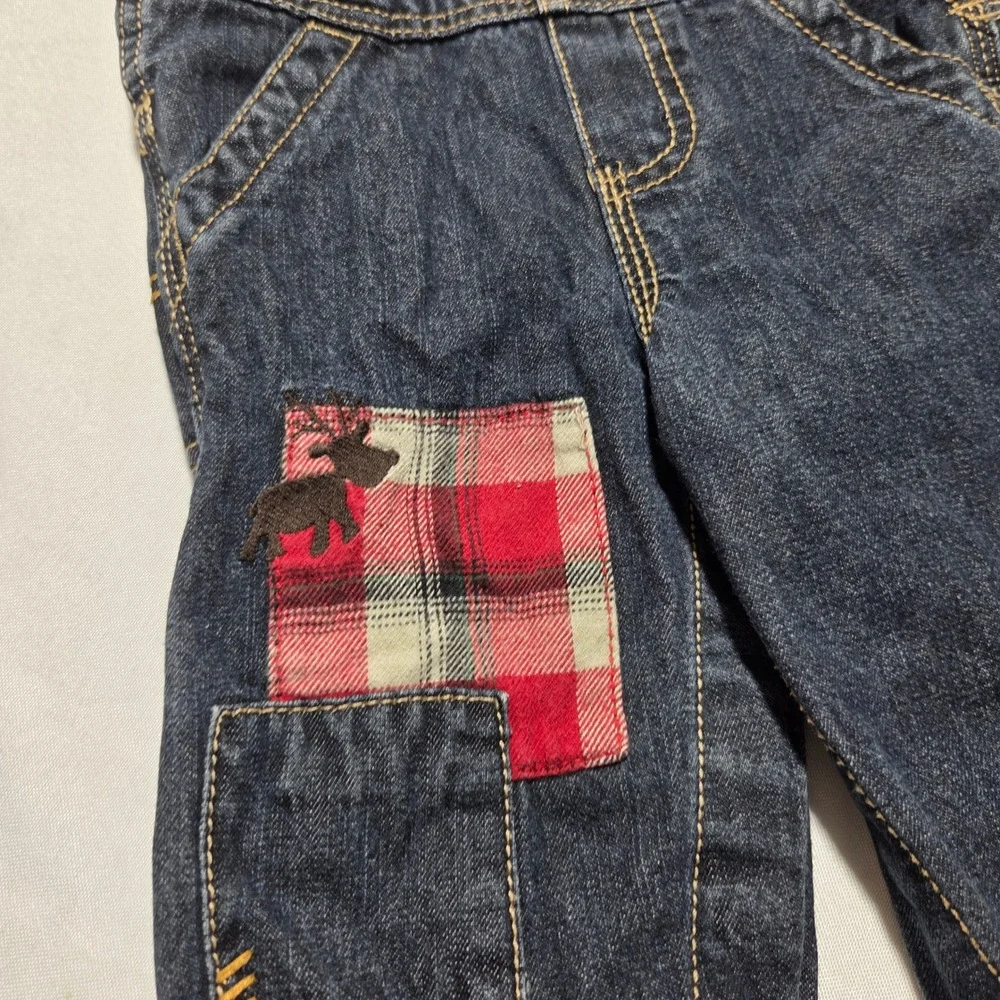 OshKosh‎ Bgosh Baby Boys Dark Denim Plaid Moose Patch Vestbak Overalls 9 Months